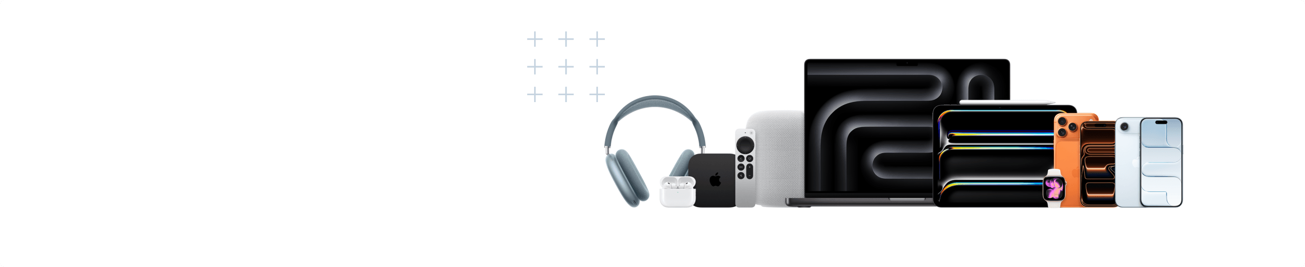 Familia de dispositivos Apple: MacBook Pro, iPad Pro, iPhone, Apple Watch, AirPods, Apple TV y HomePod mini