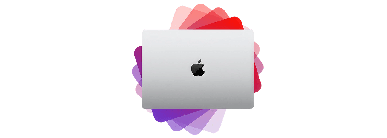 MacBook vista por detrás sobre fondo de color, con cobertura de reparación de batería