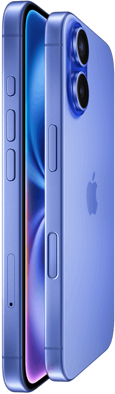 Dos dispositivos iPhone 16, parte lateral, uno frente a otro en color ultramarino, botones de volumen, Botón de Acción, botón lateral, botón de Control de la Cámara, logo de Apple en el centro, sistema avanzado de dos cámaras en relieve